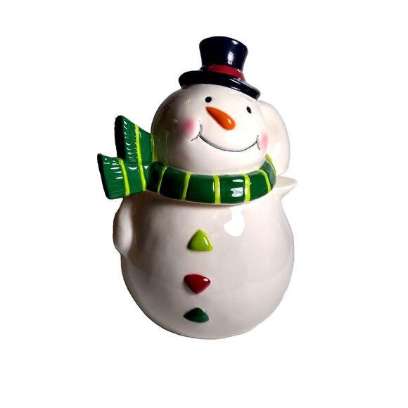 Snowman Cookie Jar Vintage Christmas Holiday Season 8" Ceramic w/ Lid Jolly Face - Picture 1 of 5